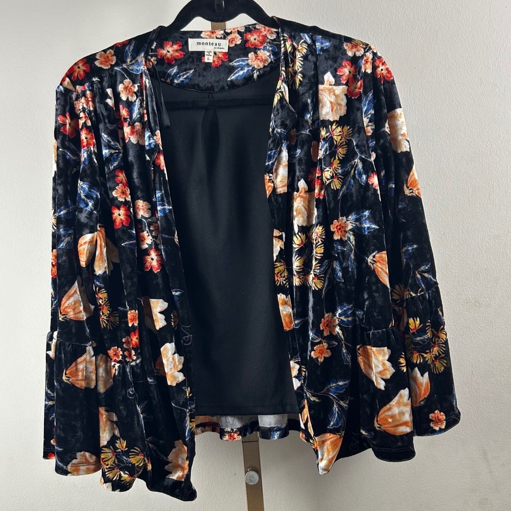 Monteau Floral Velvet Cardigan Womens Large Black Boho Peplum Bell Sleeve Velet